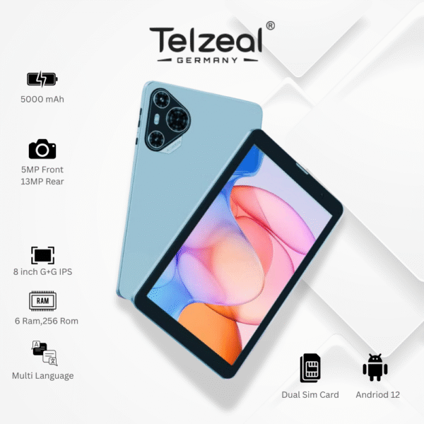 Telzeal P800 8" Android 12 Tablet – 6GB RAM, 256GB ROM, Dual SIM, 5G WiFi, 5000mAh Battery + Wireless Keyboard